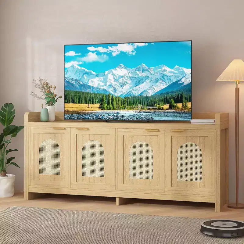 Natural Rattan TV Stand for 65 Inch TV, 61.5 Entertainment Center with Glass Doors, Storage Cabinet