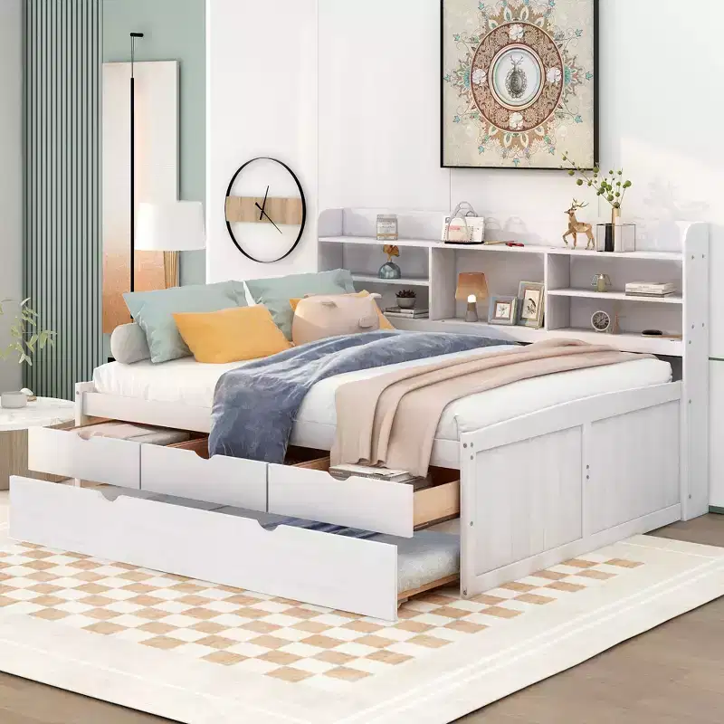 FAMYYT Full Size Wooden Captain Bed?With Built-in Bookshelves, Three Storage Drawers and Trundle, Easy Assembly