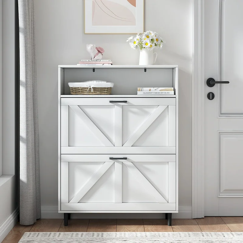Shoe Storage Cabinet with Barn Door Design,Shoe Organizer with 2 Flip Drawers,Freestanding Narrow Shoe Rack Cabinet