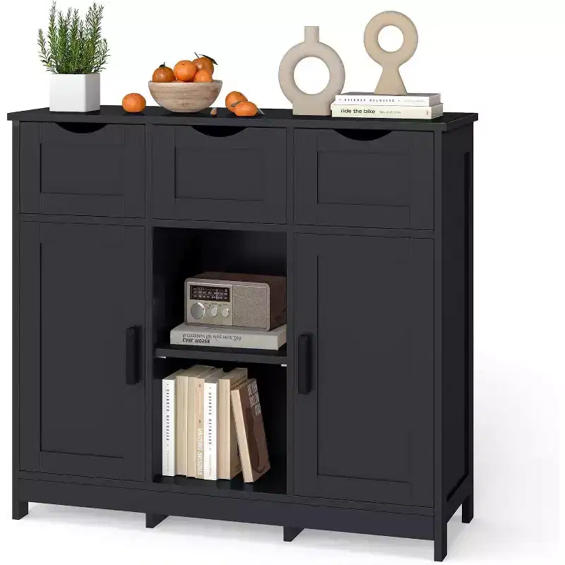 Zevemomo Modern Farmhouse Sideboard Buffet Cabinet with Drawer & Adjustable Shelf, Kitchen Storage & Coffee Bar Cabinet for Dining Room, Black