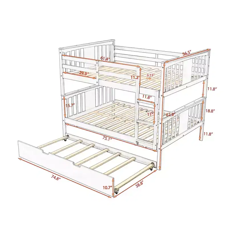 Full over Full Bunk Bed with Twin Trundle, Full Size Wood Bunk Bed Frame for Kids Teens Adults, Can be Convertible to 2 Beds