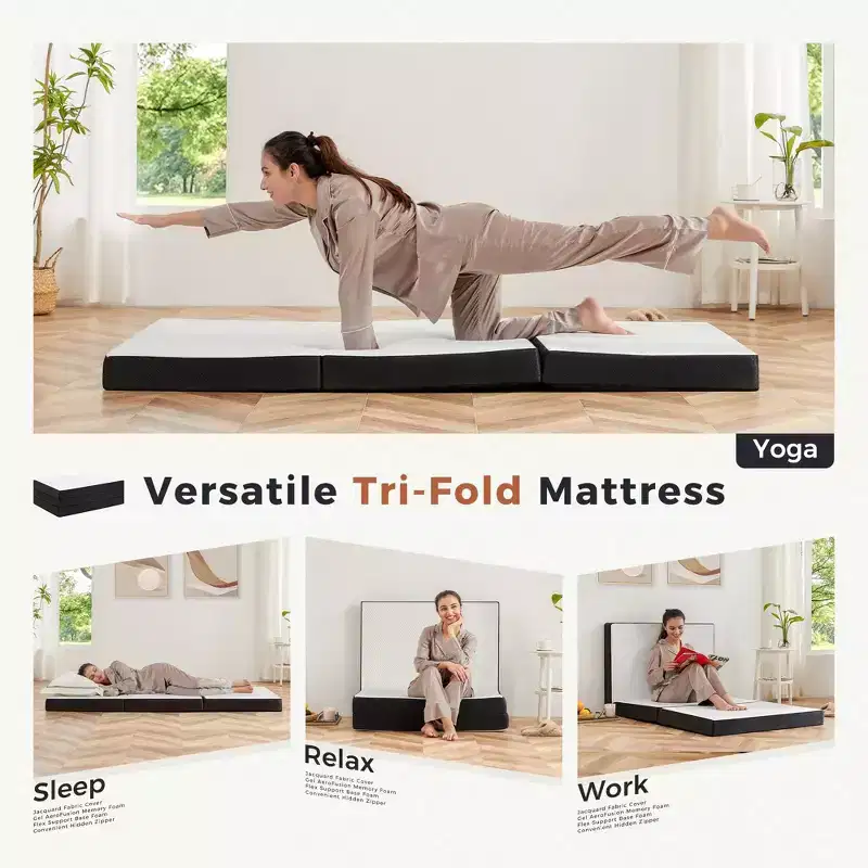 JIONJOY 3-Inch Portable Tri Folding Medium Gel Memory Foam Mattress| White