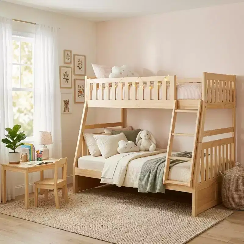 GDFStudio Carter Modern Wood Twin Over Full Bunk Bed with Ladder and Guard Rails