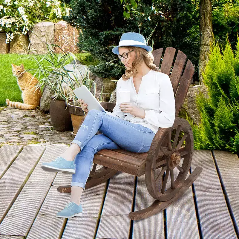 Wooden Rocking Chair, Adirondack Rocker Chair w/ Slatted Design and Oversized Back, for Porch, and Garden