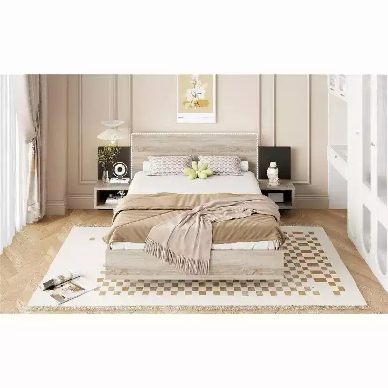 Gray Upholstered Floating Platform Bed Frame with Nightstands, Queen, 2-Person