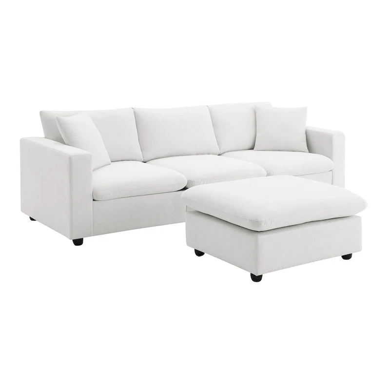 L-shaped Polyester Fabric Couch Set with 2 Free Pillows and Convertible Ottoman
