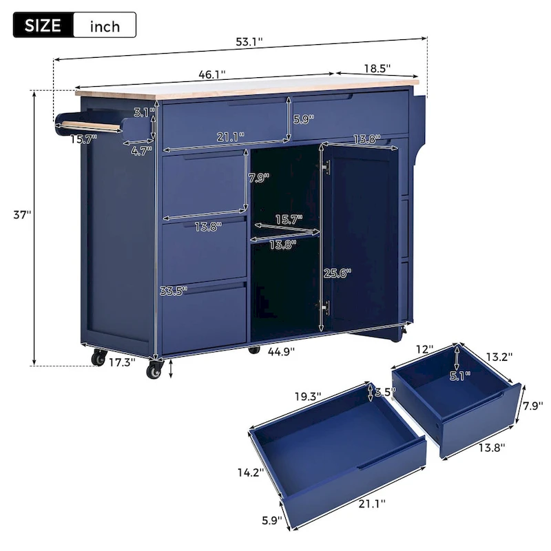 8 Drawer Rubber Wood Kitchen Island