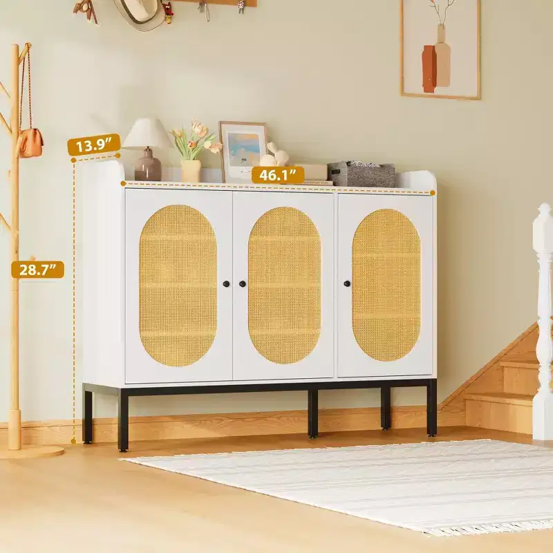 White 6-Tier Shoe Cabinet with 3 Rattan Doors (46.1W x 13.9D x 28.7H) - Freestanding Entryway & Living Room Organizer