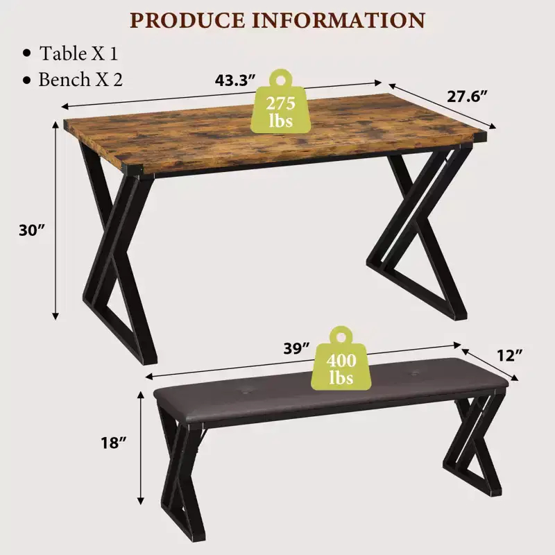 Dining Room Table Set with 2 Benches, Dining Table Set for 4-6, Breakfast Table w/PU Leather Upholstered Benches for Small Spaces, Apartment