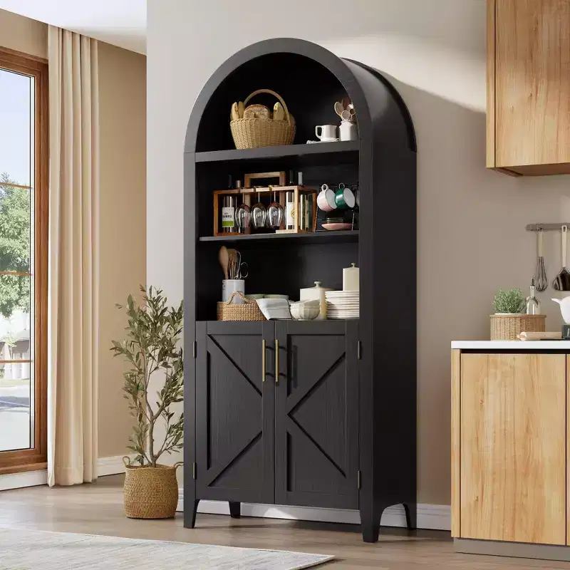Arched Bookcase with Doors, 5-Tier Modern Bookshelf with Storage Cabinet, Open Display Shelf for Living Room Home Office