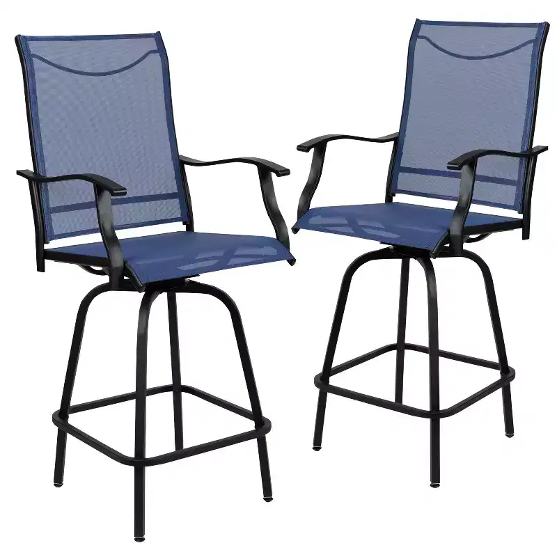 Merrick Lane Set of 2 Brett High Back Bar Height Swivel Patio Stools with Powder Coated Metal Frames and Textilene Upholstery
