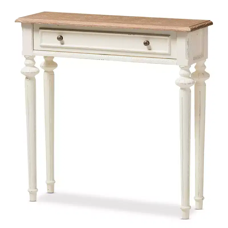 Marquetterie French Provincial Style Weathered Oak & Distressed Wood Console Table - White - Baxton Studio: Vintage, Carved Legs