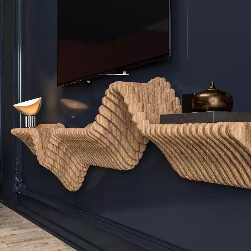 HomeStock Parametric 63 inch Floating Shelf TV Unit Modern Geometric Wooden Wall Piece Decor Natural Oak Color 3D Wavy Living and Gaming Room Shelf