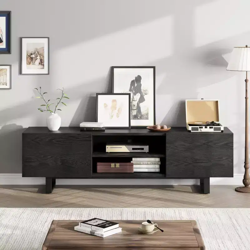 Industrial TV Stand for 80 Inch, Modern Entertainment Center with 2 Drawers, Wooden Media Cabinet, TV Console Table, Black