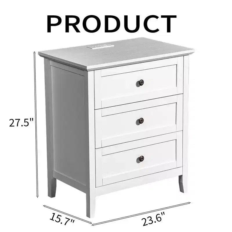 24 Inch Nightstand with 3 Drawers & Built-In USB, Type-C & AC Outlets, MDF, White