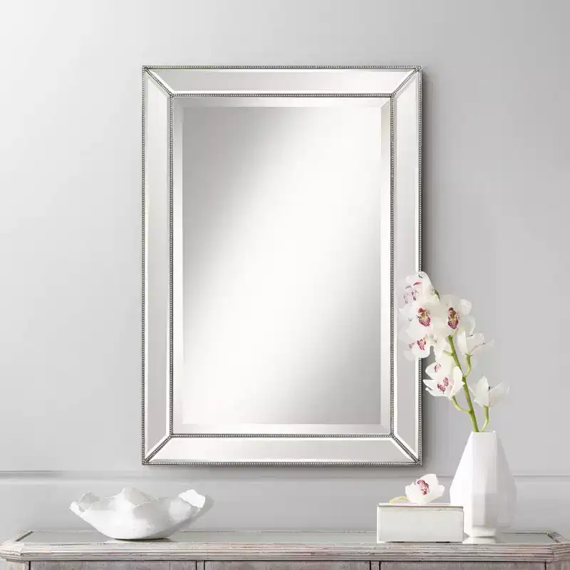 Uttermost Roseau Rectangular Vanity Wall Mirror Modern Beveled Silver Pewter Beaded Border Frame 24 Wide Bathroom Bedroom Living Room House Entryway