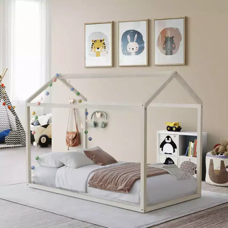 Kids Wooden Canopy Bed Frame, House-Shaped, Twin Size