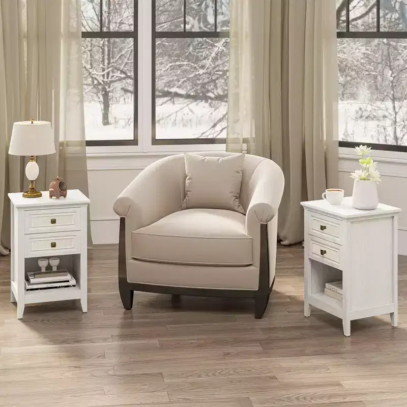 Grayish White Rattan Nightstand Set of 2, 27 Tall Boho Bedside Table with Drawer, Bedroom End Table, Small Space Storage