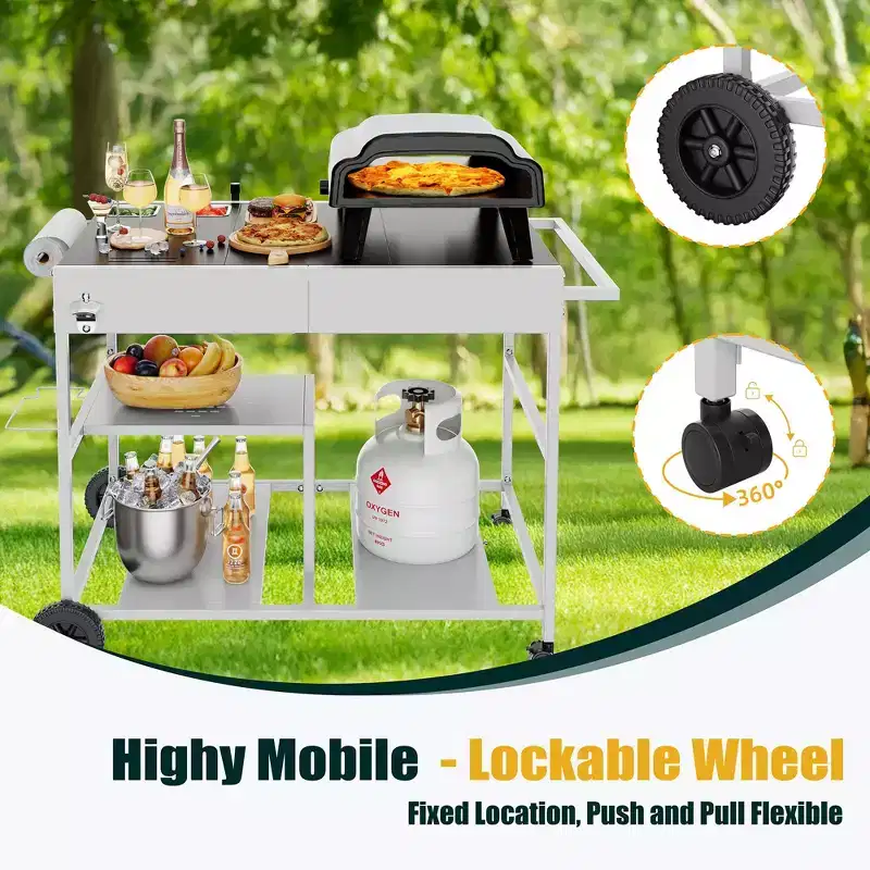 Celebalcony Pizza Oven Cart with Topping Station, Outdoor Grill Table Kitchen Island with Storage for Ninja Blackstone Griddle etc Grill, Silver
