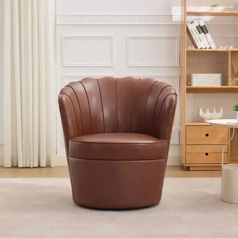 Petal Swivel Chair, Accent Chair with Rotating Metal Base, Curved Fluted, Genuine Leather Wingback Desk Chair for Office, Living Room
