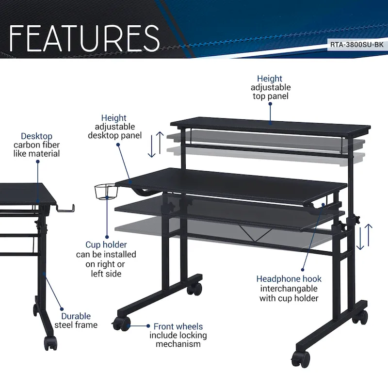 Techni Mobili Rolling Writing Desk with Height Adjustable Desktop