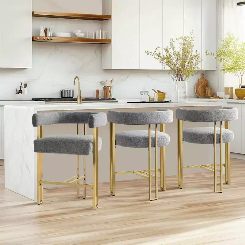 Set of 3 Counter Height Bar Stools with Backs and Arms, Modern Chenille Upholstered Kitchen Island Chairs with Gold Metal Legs - Panipeachy