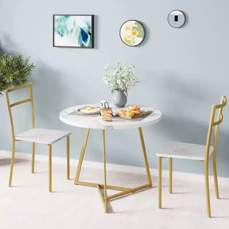2-Person Round Kitchen Table Set  Modern Dining Table with 2 Chairs, Metal Frame  for Small Spaces, Apartment
