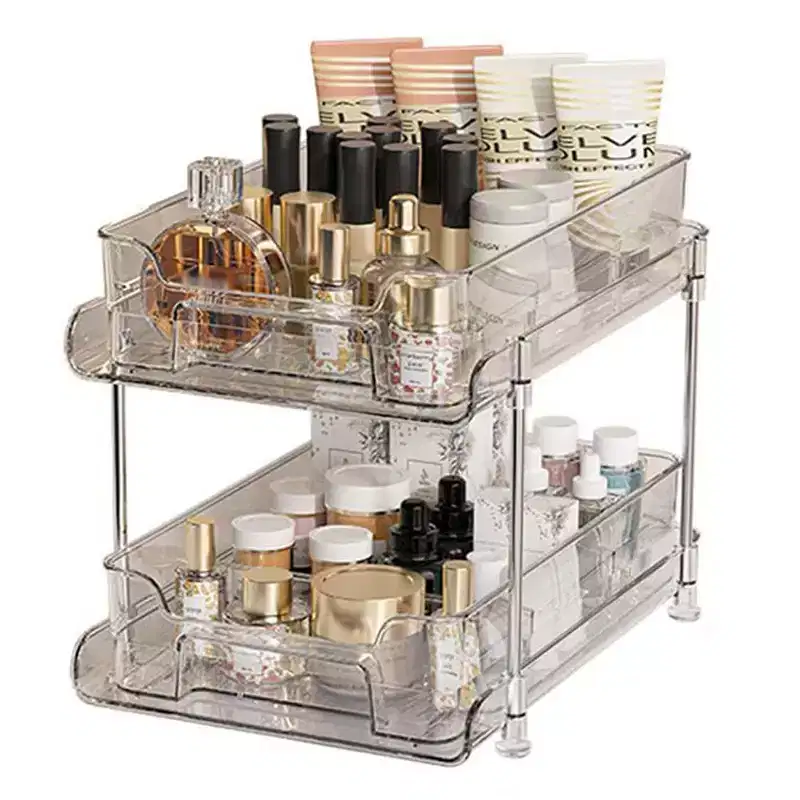 Pull Out Makeup Organizer, 2-Tier Clear Slide Out Shelves with Dividers, 8.3W11.4D8.6H for Kitchen/Bathroom