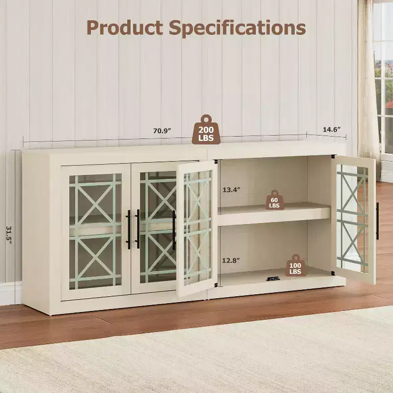 GustoWave Modern Accent Kitchen Sideboard Buffet, Wood Storage Cabinet with 4 Glass Doors