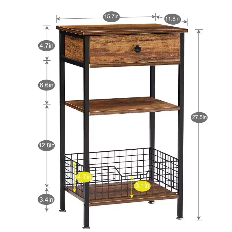 VECELO Tall Side End Table, Nightstand Shelf Storage Organizer with Pull-Out Metal Basket for Living Room or Bedroom, Gray/Brown