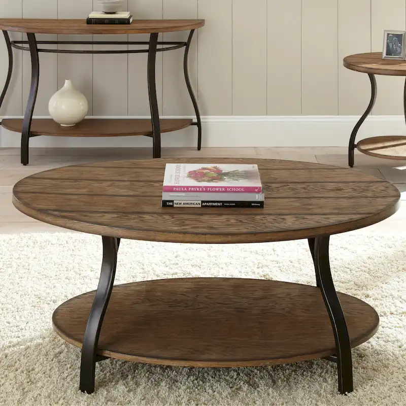 Oval Wood and Metal Coffee Table, Rustic Industrial Style, Living Room Accent Table with Lower Shelf