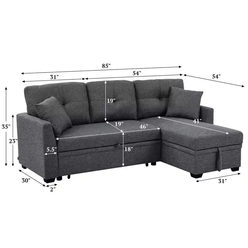 MooxvMoo 86 Modern Sleeper Sectional with Reversible Chaise, 3-Seater Convertible L-Shaped Sofa Bed, Pull-Out Couch in Linen-Like Fabric, Gray