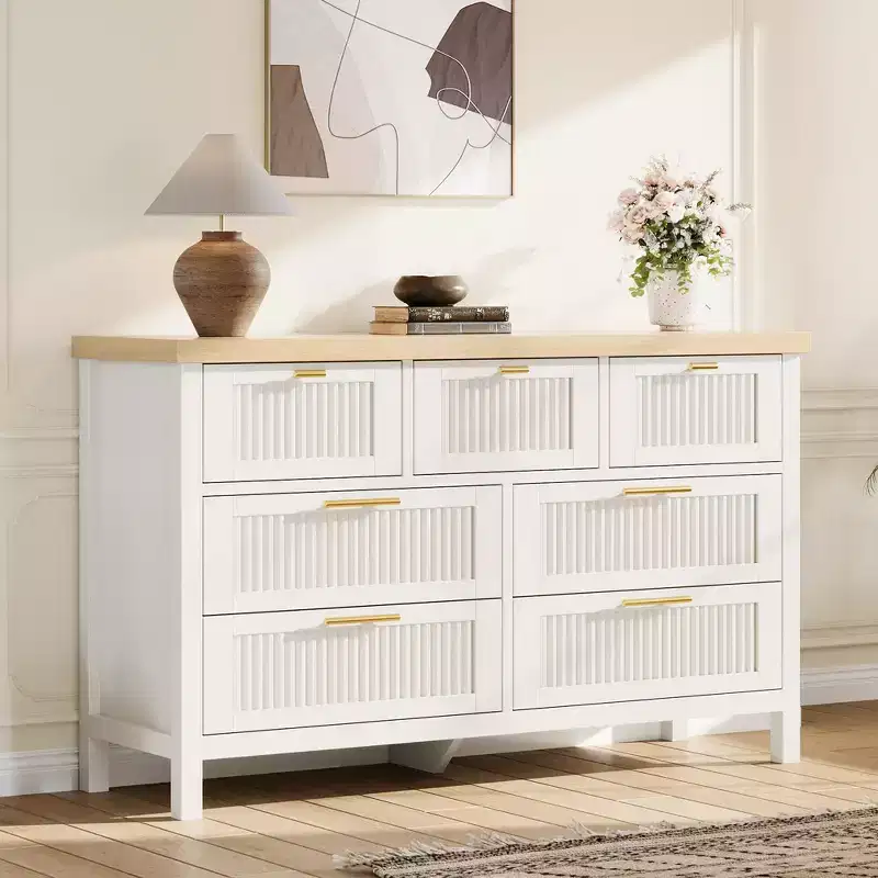 COZONY Fluted Dresser for Bedroom, 47.4 Wide Wood Chest of Drawers with 7 Large Storage Drawers, Modern Dresser Cabinet & TV Stand for Living Room
