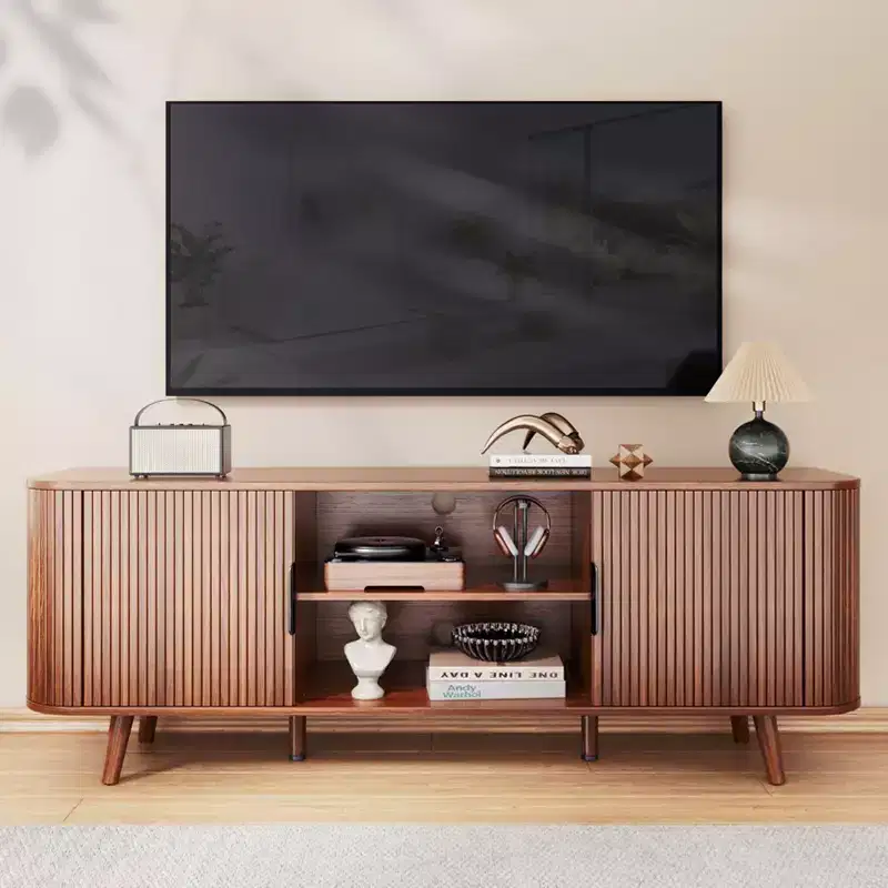 Walnut Entertainment Center for TVs up to 65 Inch Mid Century TV Console with Slatted Doors Large Storage Shelves Modern Wood Media Stand