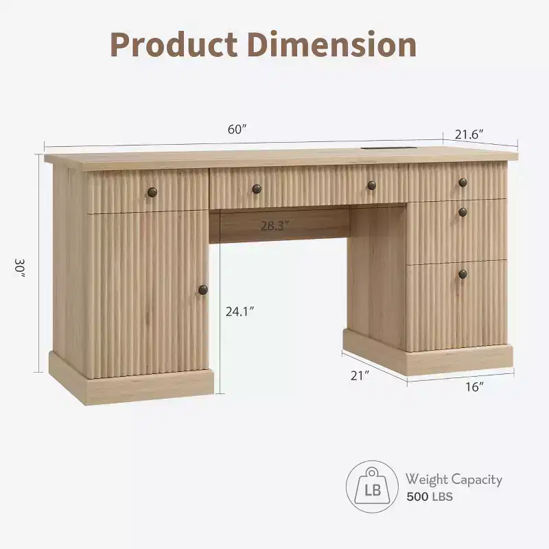 Fluted Home Office Desk Storage, 60 in Modern Executive Desk with Charging Station, Wooden Computer Writing Desk with File Drawers for Study Room