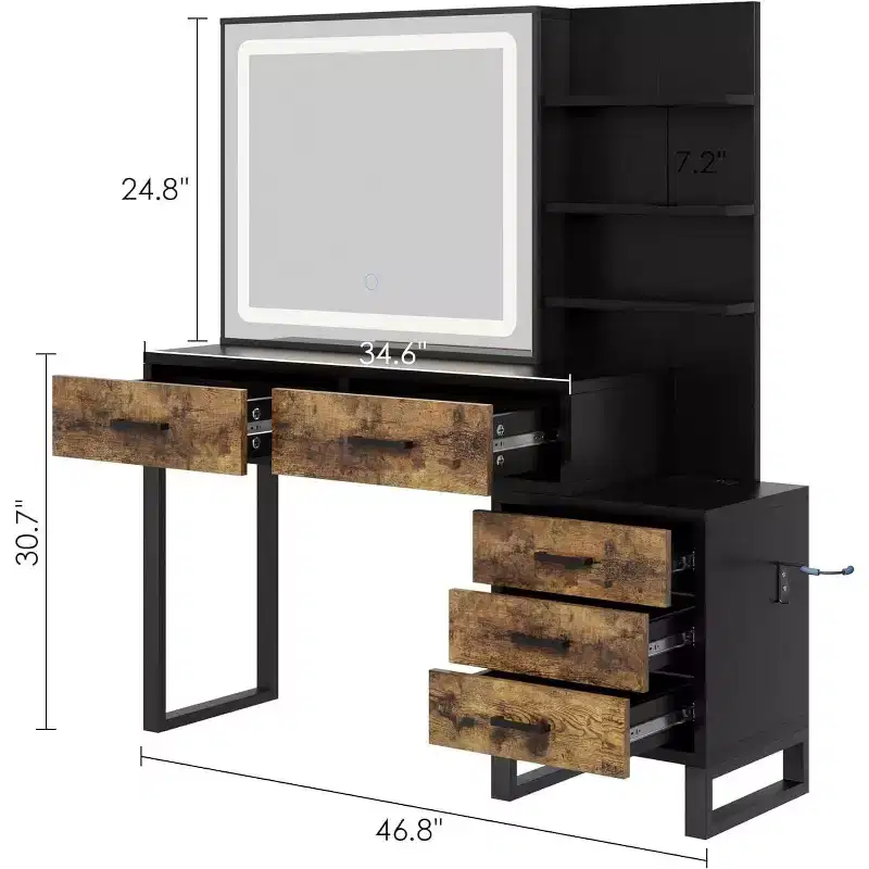 Dresser with Sliding Mirror and Light, 3 Lighting Modes, Large Bedroom Dresser with Charging Station / 5 Large Drawers / 3 Open Shelves, White &Gold