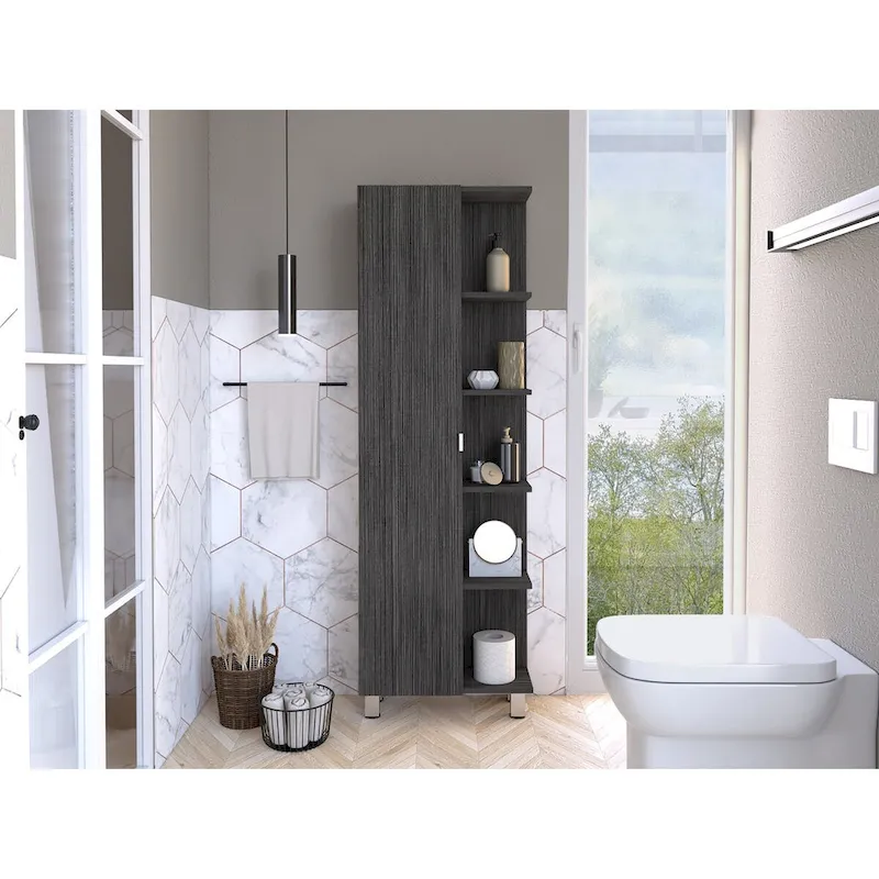 Linen Cabinet with Mirror - 4 Interior & 5 External Shelves, Smokey Oak