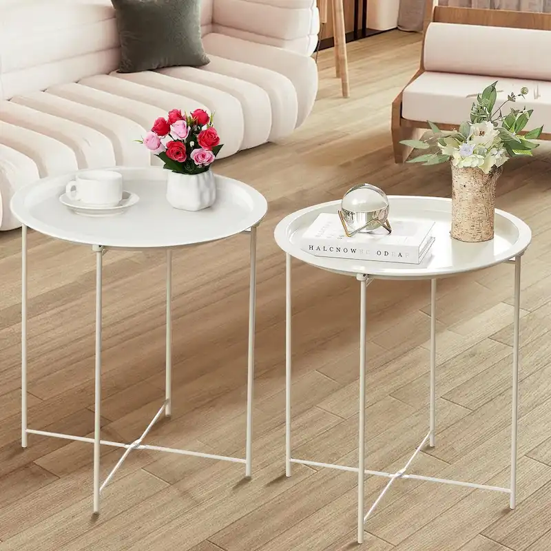 Folding Round TV Tray Tables, Small Round Steel Side Table, No Assembly Required - 18.5 x 18.5 x 19.7 in