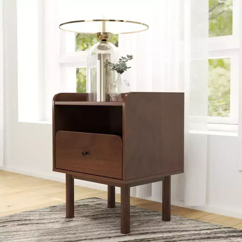 Roundhill Furniture Wyller Dual-tier Storage Nightstand, Side Table, Natural Walnut Finish