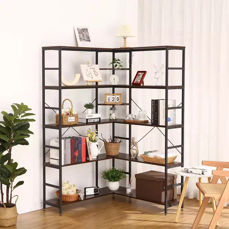 5-Tiers Bookcase , Open Bookcase L-Shaped Bookshelf with Curved Panels,,Living Room, Office