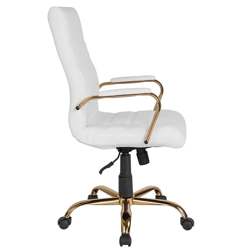 White & Gold High Back Swivel Office Chair, Faux Leather, 1-Person