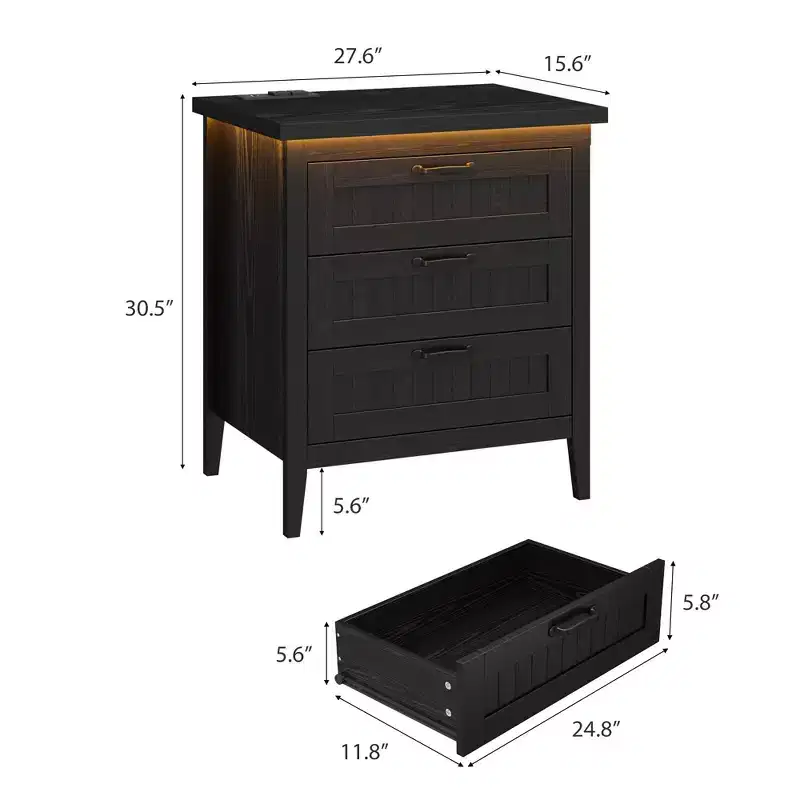 3-Drawer Dresser Nightstand w/ Charging Station & Lights, Modern Wood Chest of Drawers, Storage Organizer Cabinet for Bedroom & Closet