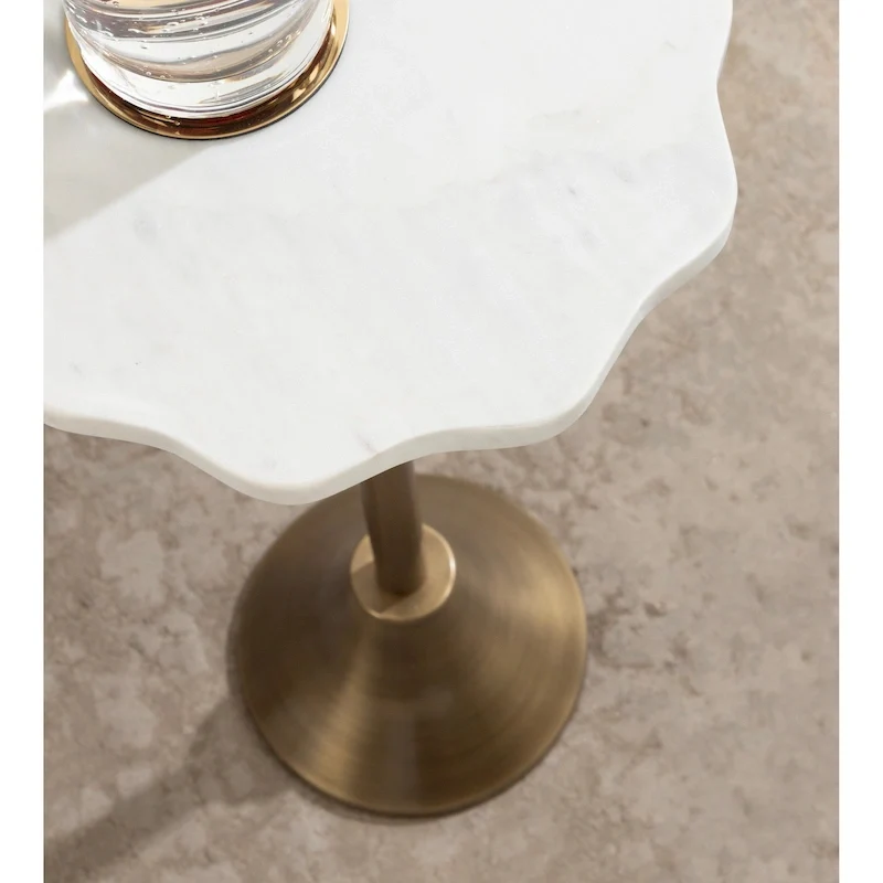 Scalloped Marble & Metal Drink Side Table, Modern Glam Accent Table