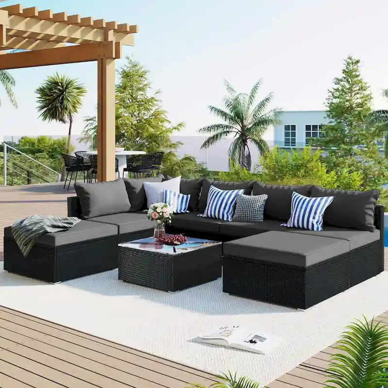 8-Piece Outdoor Wicker Sectional Sofa Set with Coffee Table, Cushions