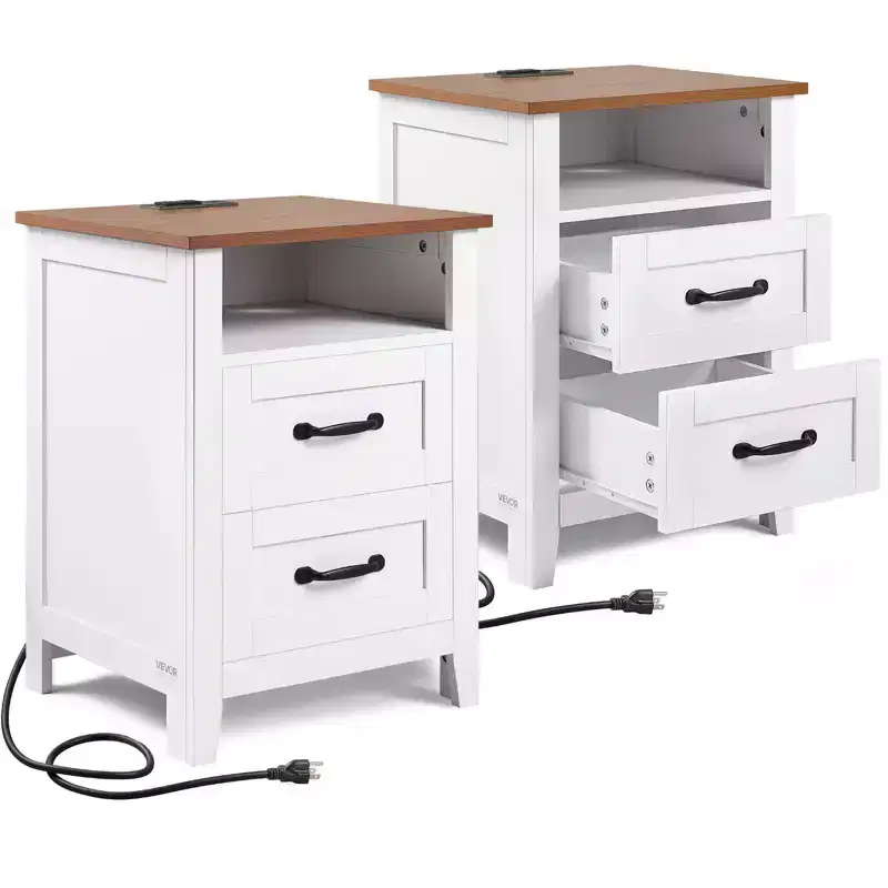 VEVOR Farmhouse Nightstands, with Charging Station, Set of 2, End Tables with 2 Drawers and Open Shelf, Bedside Storage Cabinets, with USB Port, White