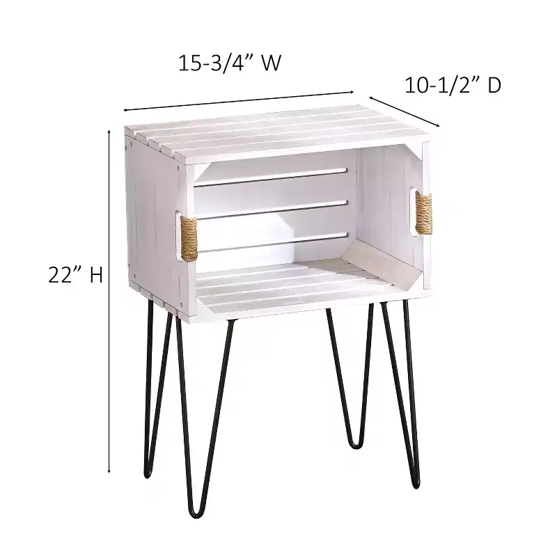 Rustic Crate End Table, Hairpin Legs, Jute-Wrapped Handles, Open Shelf, MDF, 15.75