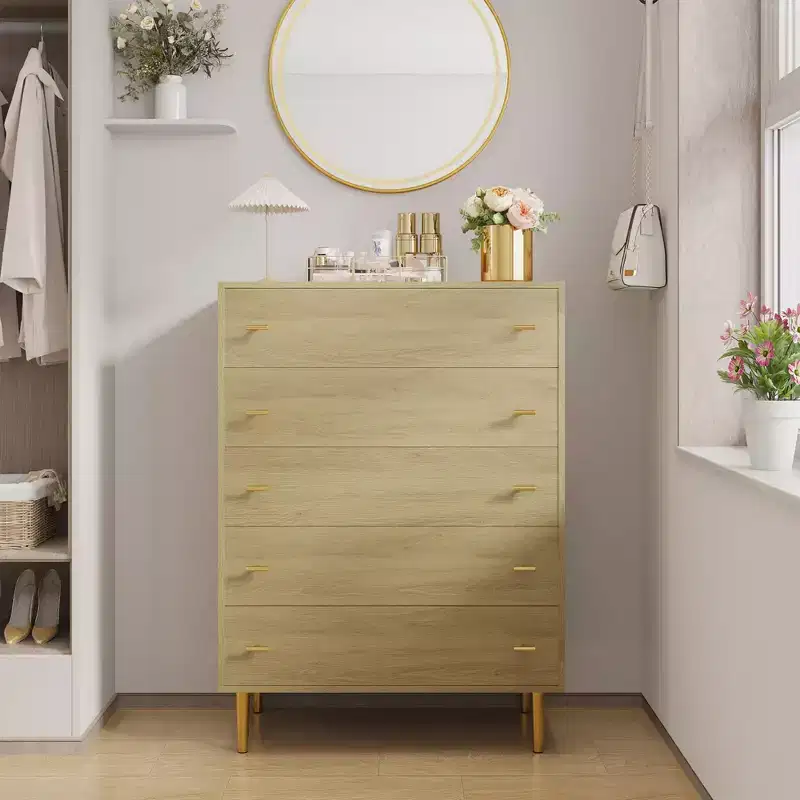5 Drawer Dresser for Bedroom, 43''H Chest of Drawers with Bar Handles, Storage Organizer Nightstand