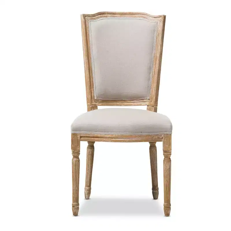 French Vintage Cottage Weathered Oak & Beige Linen Dining Chair