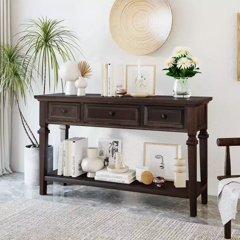Whisen Classic Retro Style Console Table with 3-Top Drawers and Open Shelf
