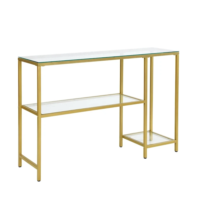 Modern Gold Metal Console Table with 2 Tempered Glass Shelves - 48W